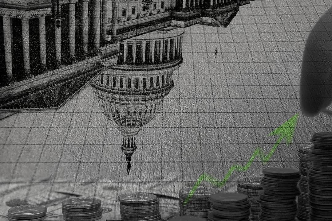 Conceptual illustrations depicting relationships of stock market, Congress, and insider trading.